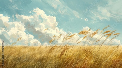A field of tall grass swaying in the wind under a bright blue sky with fluffy clouds.