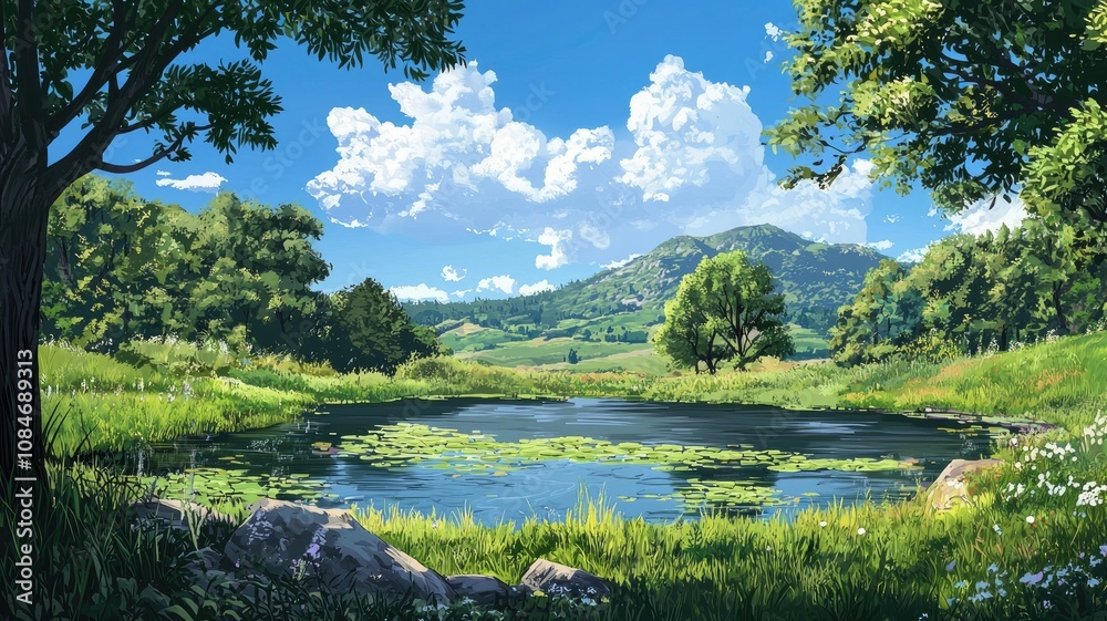 Tranquil Pond with Lush Greenery and a Mountainous Background Tranquil Pond with Lush Greenery and a Mountainous Background