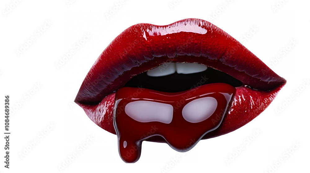 Obraz premium Glossy red lips, vampire fangs, blood dripping, close-up, high contrast, dark background, sensual, haunting, Halloween theme, photorealistic, sharp detail, dramatic lighting, beauty photography, gothi