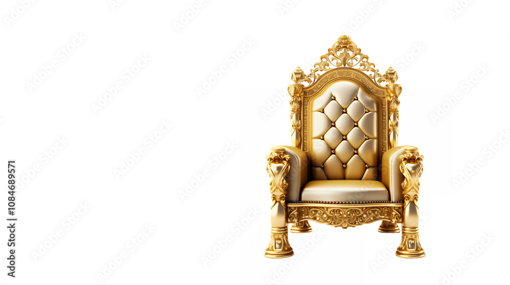 Ornate golden throne, baroque style, tufted beige upholstery, intricate carved details, royal furniture, luxurious armchair, gilded wood frame, white background, studio photography, high contrast Ornate golden throne, baroque style, tufted beige upholstery, intricate carved details, royal furniture, luxurious armchair, gilded wood frame, white background, studio photography, high contrast