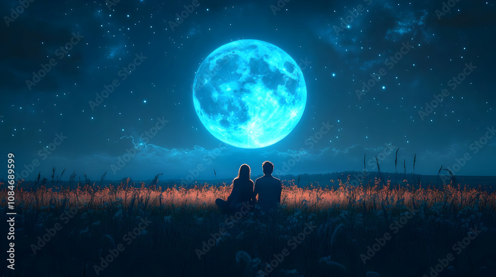 Night Sky Illustration with Couple Under Big Blue Moon Night Sky Illustration with Couple Under Big Blue Moon