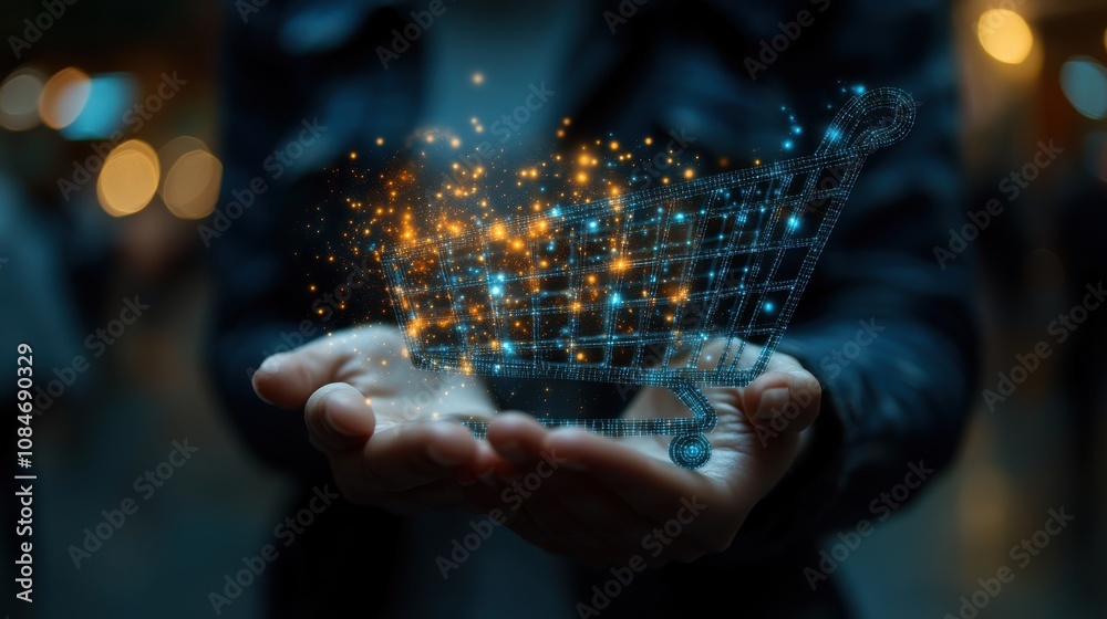 hand holding virtual shopping cart icons technology online shopping business delivery e commerce concept hand holding virtual shopping cart icons technology online shopping business delivery e commerce concept