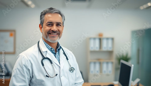 Portrait Of Smiling Mature Male Doctor With Stethoscope Standing By Desk In Office isolated with white highlights, png