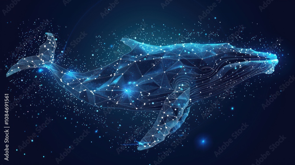 A stylized whale in a geometric, low-poly design, composed of glowing blue points and lines, against a dark blue background with scattered glowing blue points. A stylized whale in a geometric, low-poly design, composed of glowing blue points and lines, against a dark blue background with scattered glowing blue points.