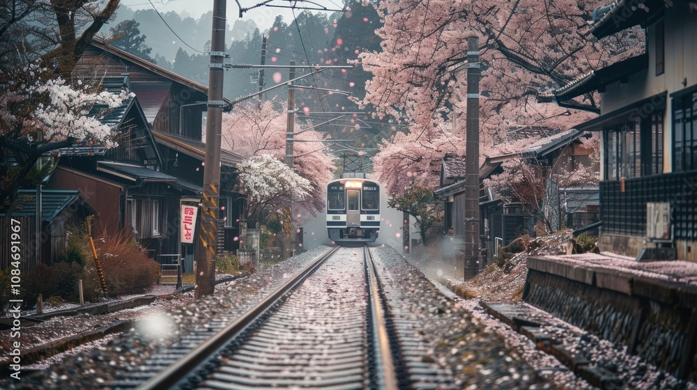 Fototapeta premium A train track in Japan, flanked by vibrant cherry blossom trees in full bloom on both sides, creating a stunning view of pink petals drifting in the breeze during springtime.