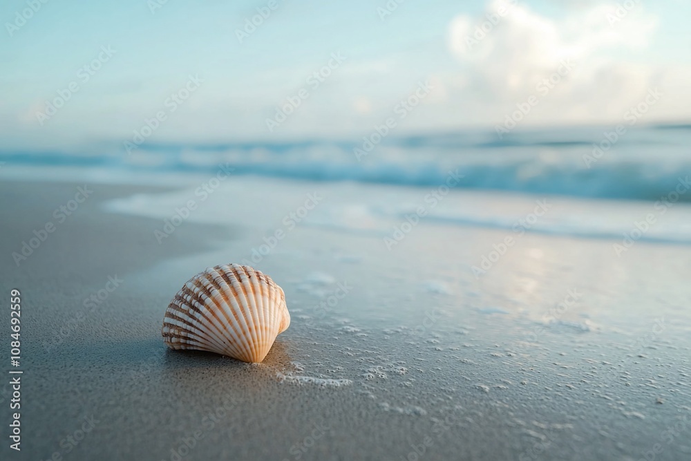 Seashell on a Tranquil Beach with Gentle Waves Seashell on a Tranquil Beach with Gentle Waves