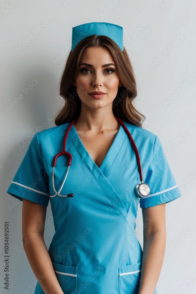Portrait of pretty beautiful nurse woman on light background Portrait of pretty beautiful nurse woman on light background