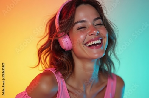 A joyful young woman wearing pink headphones smiles brightly against a vibrant background in a playful, colorful setting