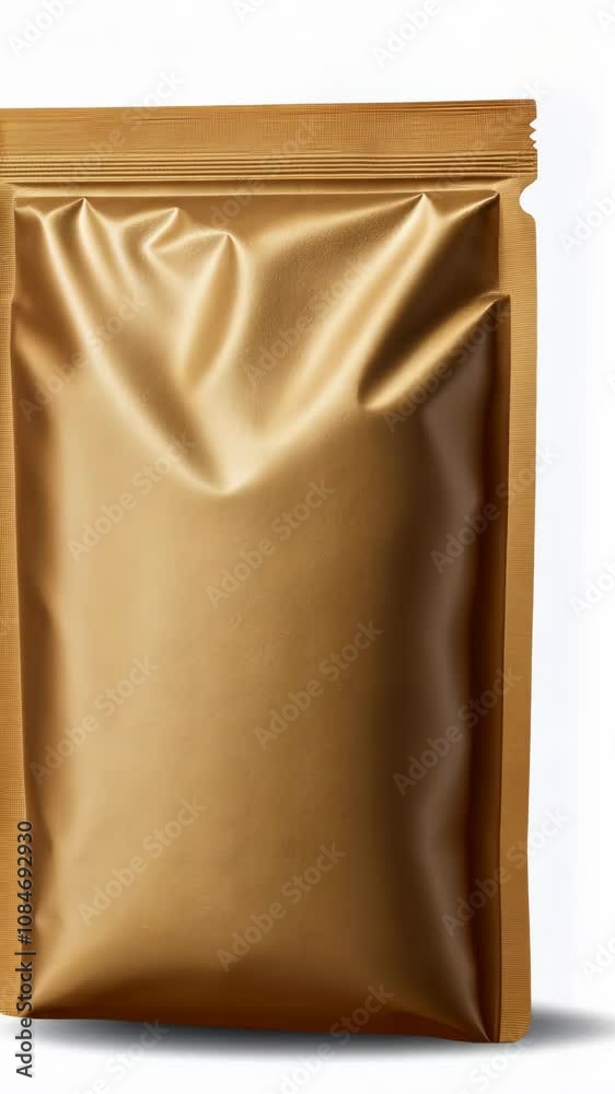 A studio shot of a smooth, gold-colored stand-up pouch