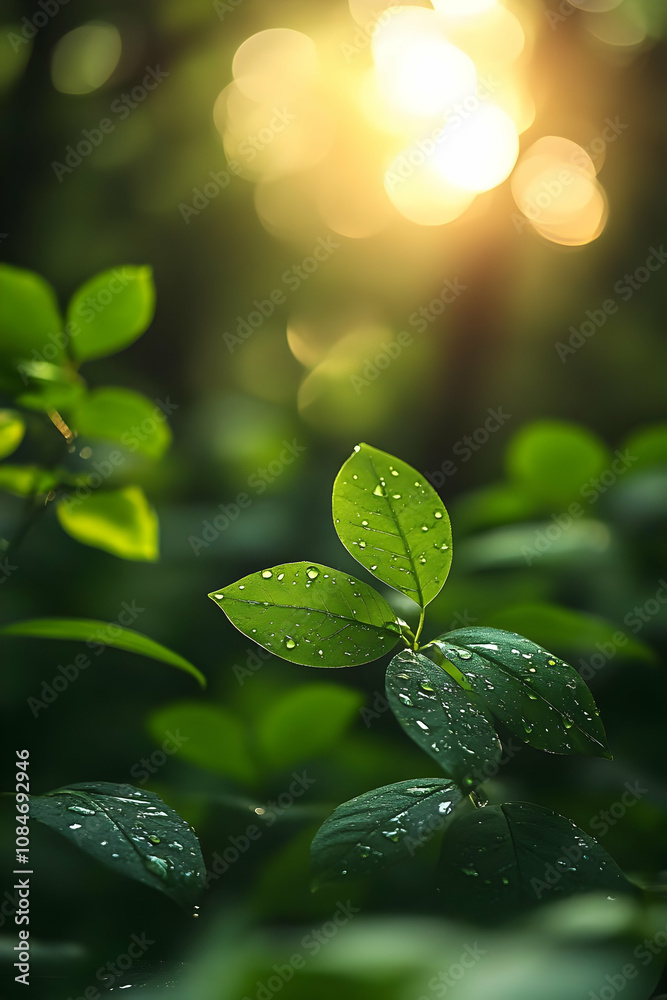 Green Leaves with Dew Drops and Sunlight Illustration