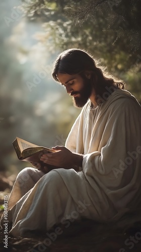 Wallpaper Mural Jesus Christ Reading the Bible in a Serene Forest Torontodigital.ca