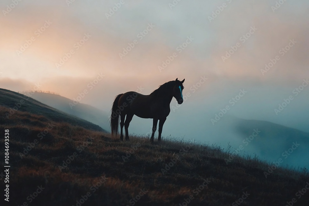 Misty Landscape with Silhouette of a Horse at Sunrise Misty Landscape with Silhouette of a Horse at Sunrise