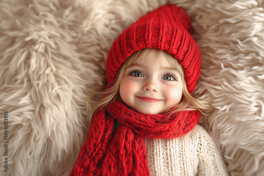 Adorable Smiling Little Girl wearing a red knit hat, lying on a beige blanket, with a warm and cozy feel
Adorable Smiling Little Girl wearing a red knit hat, lying on a beige blanket, with a warm and cozy feel