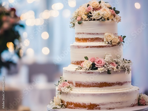 A multi-tiered wedding cake with delicate decorations photo