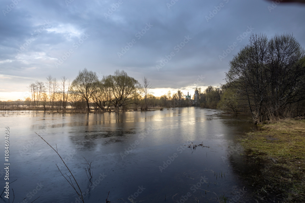 Fototapeta premium Lake with trees in the background and a cloudy sky