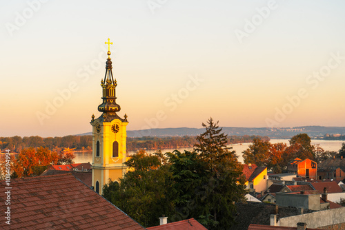 Medieval Austro-Hungarian district Zemun in Belgrade - Aerial drone shot, Serbia, European city photo