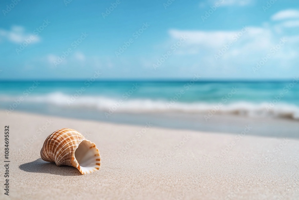 Serene Beach Scene Featuring a Seashell on Sandy Shore with Turquoise Waters Serene Beach Scene Featuring a Seashell on Sandy Shore with Turquoise Waters