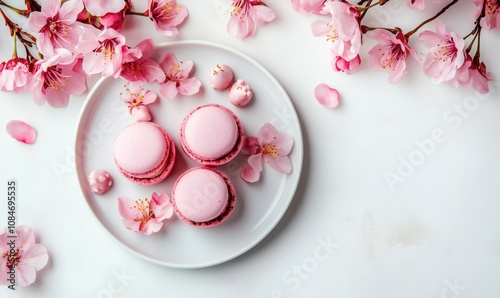 Pink macarons with cherry blossoms, delicate dessert arrangement, soft pastel colors, elegant presentation, floral accents