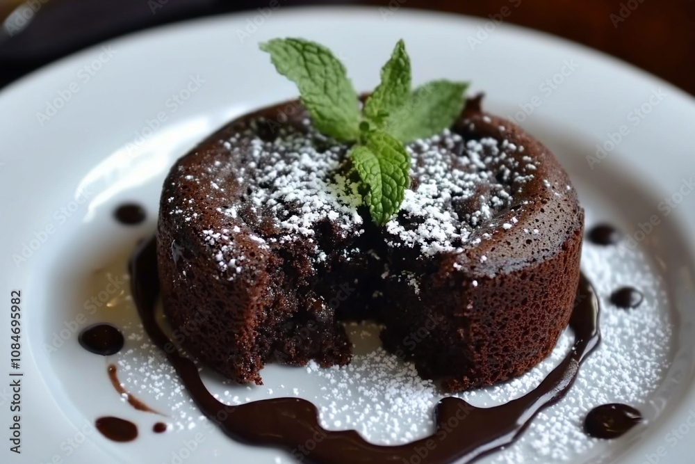Indulgent Chocolate Lava Cake with Mint Garnish and Powdered Sugar Indulgent Chocolate Lava Cake with Mint Garnish and Powdered Sugar