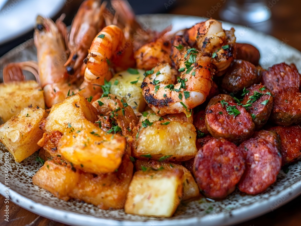 A plate with a variety of tapas such as patatas bravas A plate with a variety of tapas such as patatas bravas