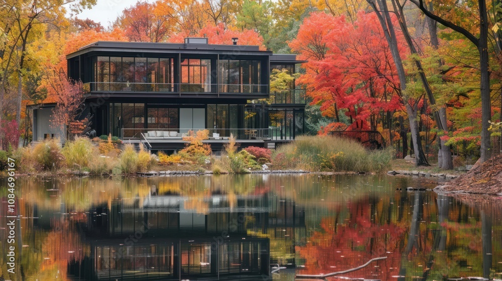 Obraz premium An industrial-style home atop a rocky lakeside cliff, featuring steel beams, concrete walls, and large glass panels. Surrounded by autumn foliage, it offers warm tones and tranquil water views.
