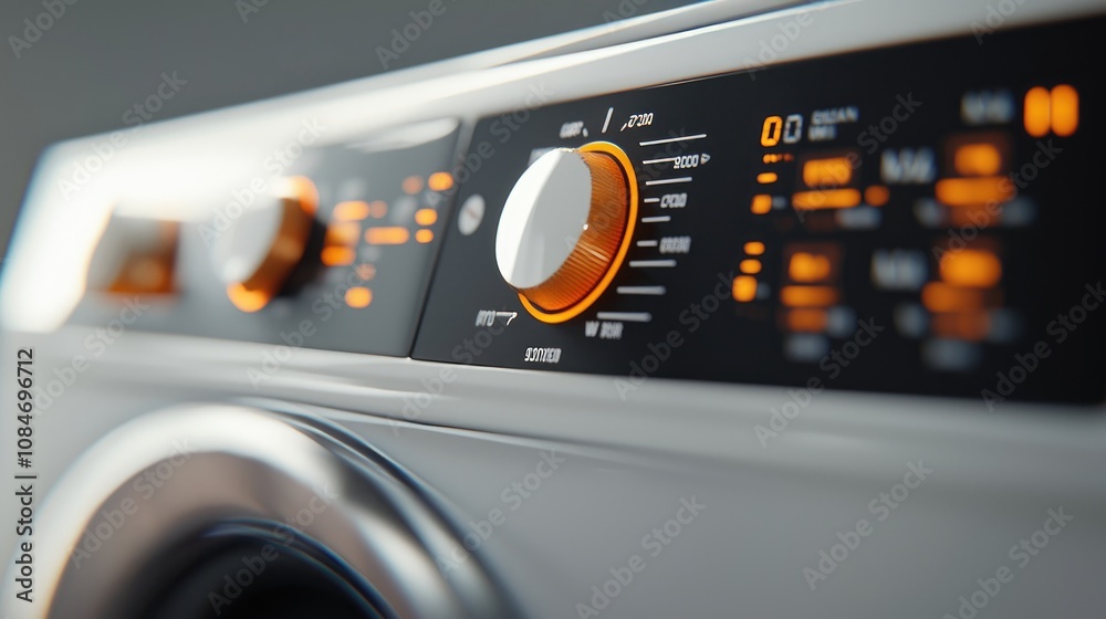 Close-up of Modern Washing Machine Control Panel with Rotating Knobs and Digital Display Showing Cycle Options for Home Appliances in a Contemporary Laundry Room Close-up of Modern Washing Machine Control Panel with Rotating Knobs and Digital Display Showing Cycle Options for Home Appliances in a Contemporary Laundry Room