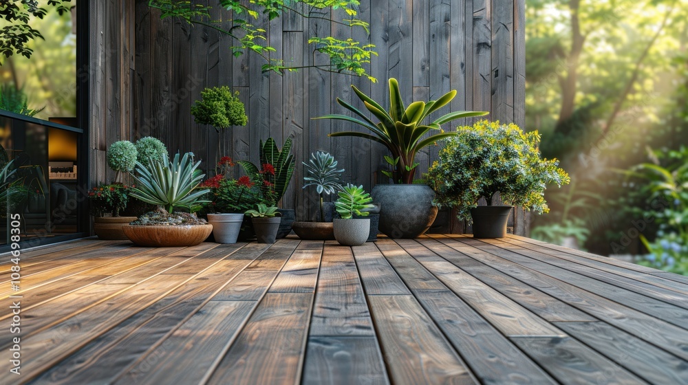 A wooden deck with potted plants and a wooden wall in the background. A wooden deck with potted plants and a wooden wall in the background.