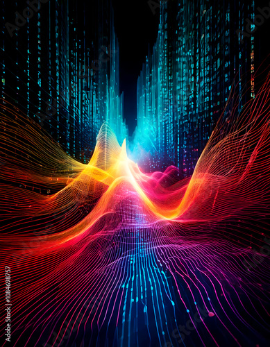 AI, complex computer network of interconnected nodes with data lines flowing between them