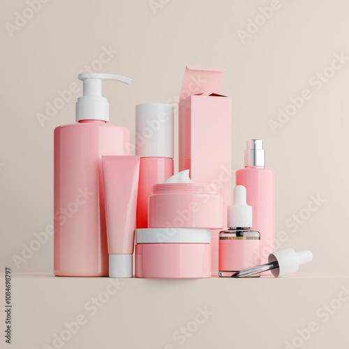 3D Collection of modern skincare and cosmetic products in chic pink packaging. Consists of lotion bottles, cream bottles, serum droppers and spray bottles arranged neatly on a beige background.