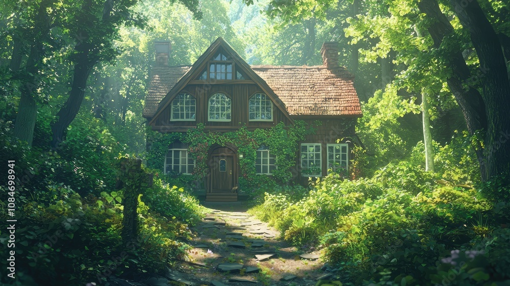 Obraz premium A Quaint Cottage Nestled Among Lush Greenery in a Sun-Dappled Forest