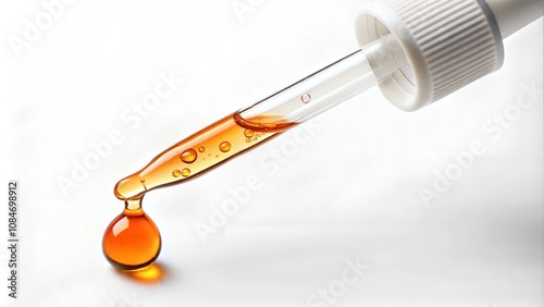 Dropper pipette with orange liquid drop on the whte isolated background. Oil, serum, acid cosmetic sample Close up.Copy space photo