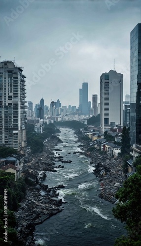 Tsunami Strikes City – Giant Wave Submerges Streets in Devastating Flood photo