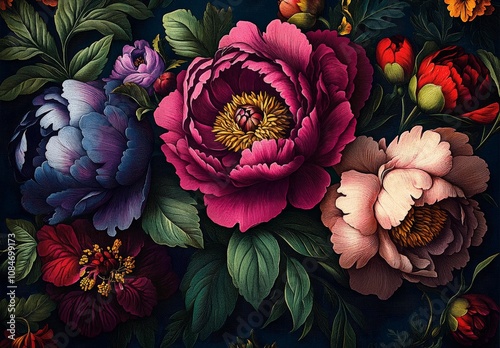 Fototapeta Naklejka Na Ścianę i Meble -  Realistic Floral Arrangement Vivid Peonies Botanical Art Vintage Design