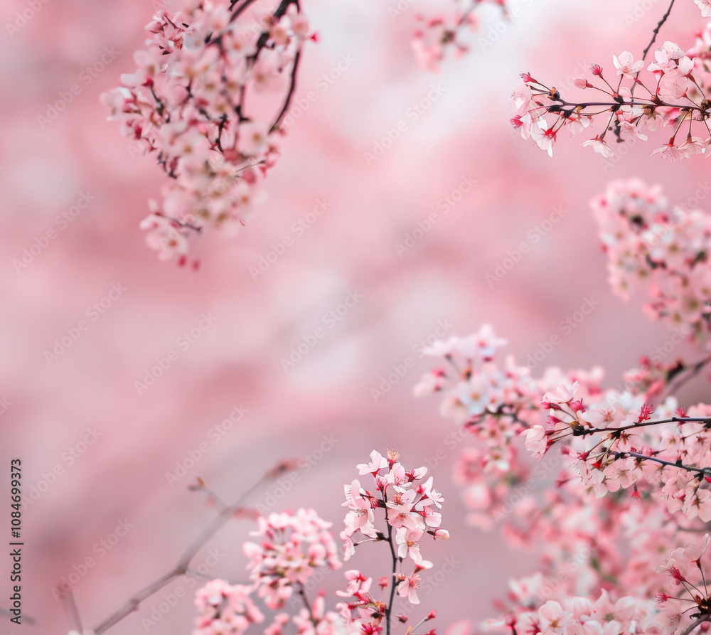 Soft pink background with central blank space, edged by gently curving branches cherry blossoms Soft pink background with central blank space, edged by gently curving branches cherry blossoms