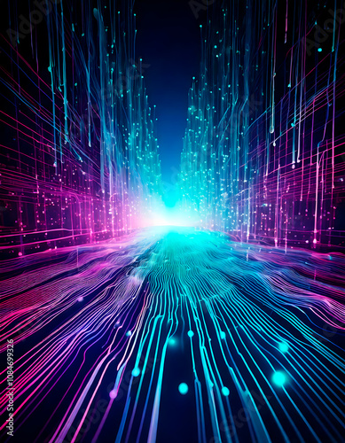 AI, complex computer network of interconnected nodes with data lines flowing between them