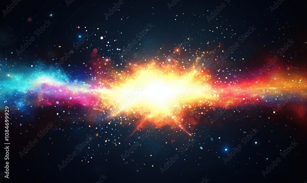 Fototapeta premium Cosmic explosion of colors and light, vibrant nebula with stars, deep space, celestial phenomena, glowing particles, cosmic dust