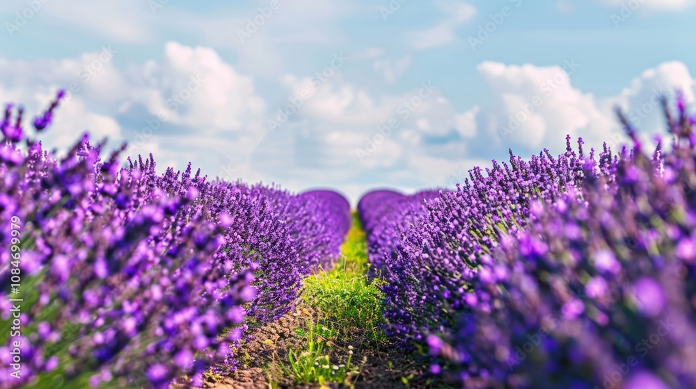 Obraz premium A vast lavender field stretches endlessly, with vibrant purple blooms swaying in the breeze. In the center, a stone pathway winds through, adding a serene, rustic charm to the scene.