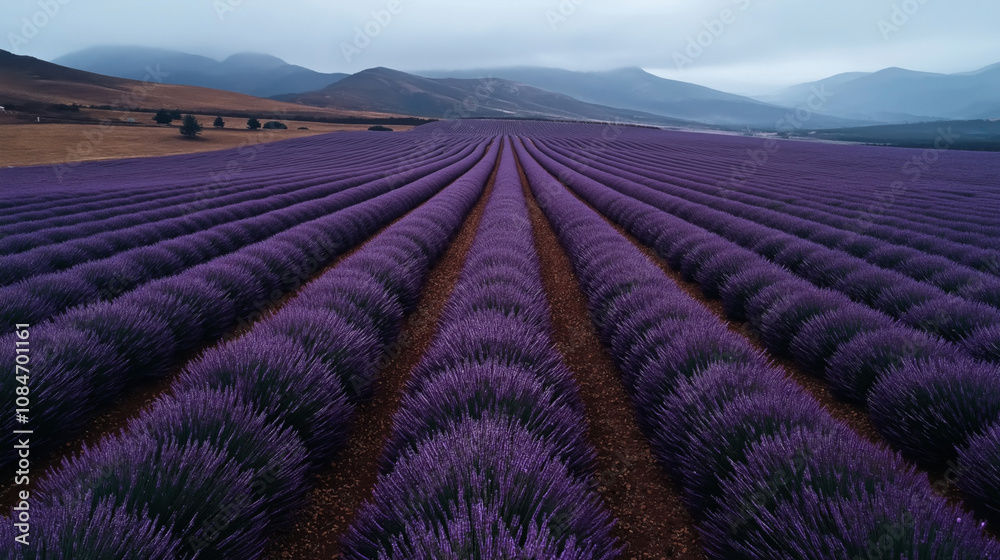 Vast lavender field with rows of purple flowers stretching towards distant hills under a cloudy sky Vast lavender field with rows of purple flowers stretching towards distant hills under a cloudy sky