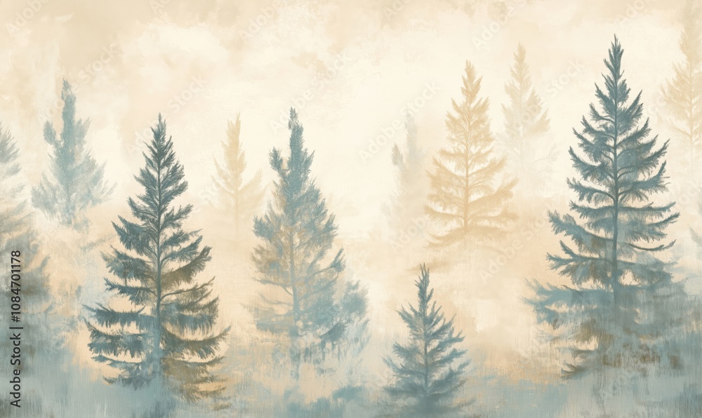 Obraz premium Misty forest landscape with evergreen trees, soft hues of blue and beige, serene atmosphere, nature-inspired art