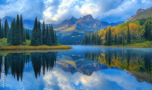 Serene mountain lake reflection with autumn foliage, pine trees, and majestic peaks