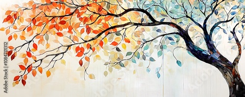 Illustration of a colorful tree with leaves on hanging branches, perfect for interior mural wall art decoration.