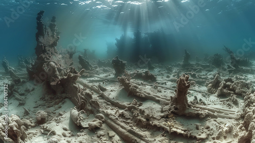 Sunken ship, desolation of coral reef destroyed by pollution. Shows dead coral lack of marine life