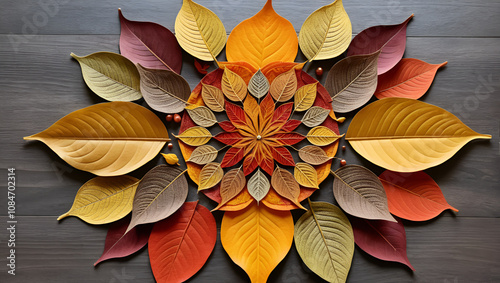 Handcrafted leaf mandala with autumnal shades, including oranges, reds, and yellows, symbolizing seasonal change photo