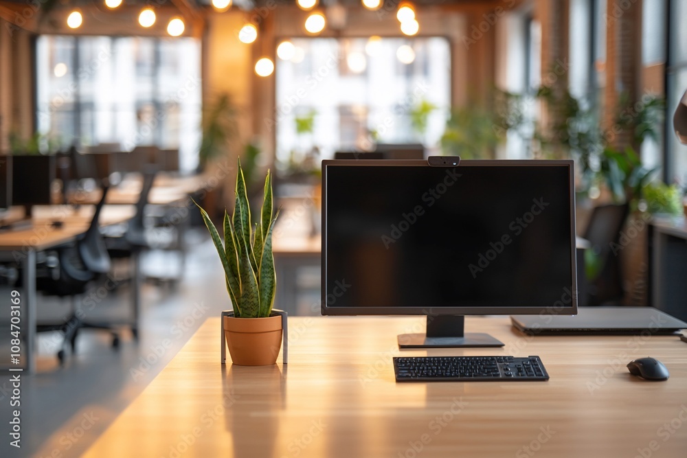 Modern Workspace with Computer and Indoor Plants in a Bright Office Environment Modern Workspace with Computer and Indoor Plants in a Bright Office Environment