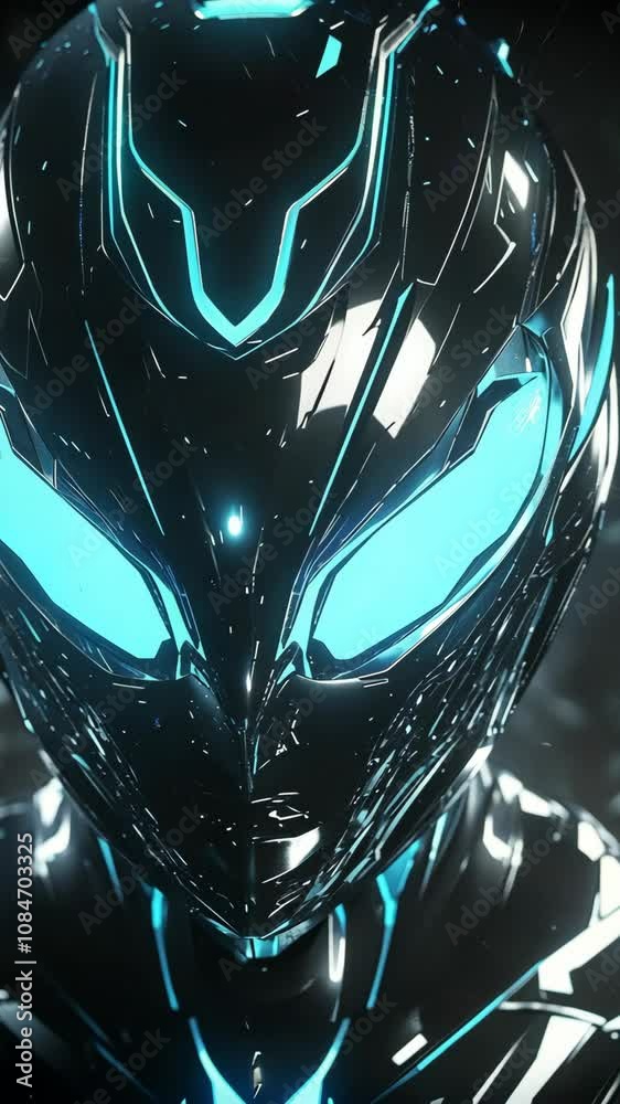 Close-up view of a sleek, black robot helmet featuring glowing cyan accents along its contours Close-up view of a sleek, black robot helmet featuring glowing cyan accents along its contours