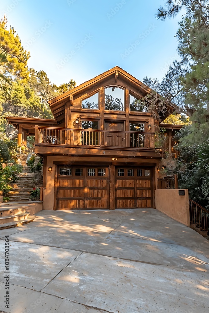 Naklejka premium Impressive two-level house exterior featuring a garage and a concrete driveway.