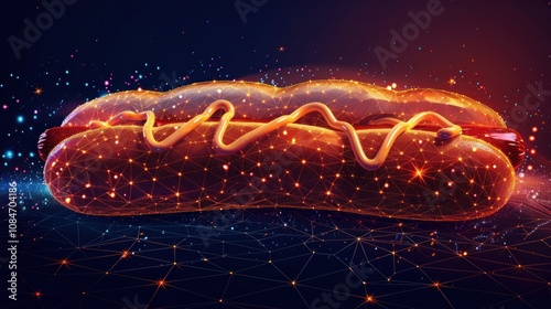 A digital rendering of a hotdog with mustard and ketchup, made up of glowing lines against a dark background. photo