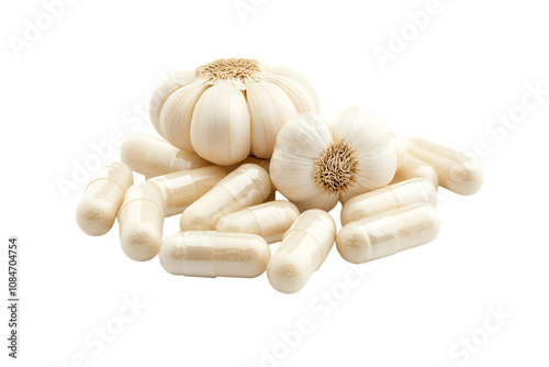 Garlic and pills capsule isolated png on a transparent background