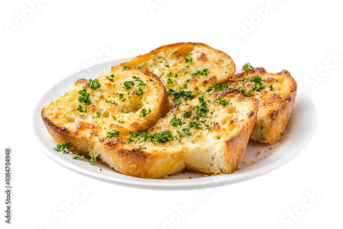 Garlic bread in white plate isolated png on a transparent background