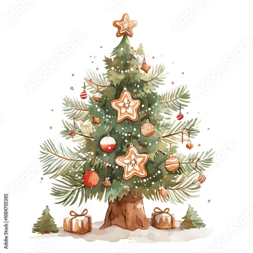 A watercolor of a mini Christmas tree decor, isolated on a white background. Mini Christmas tree decor vector.